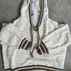 She + Sky Cream and Brown V-Neck Sweater